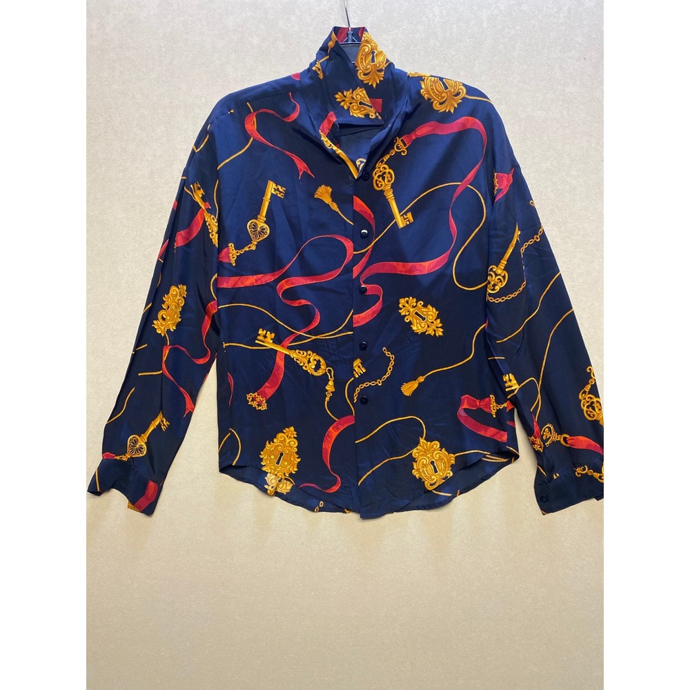 Linda Allard Ellen Tracy Silk Blouse Navy Blue Gold Key Print Size 2 Vintage